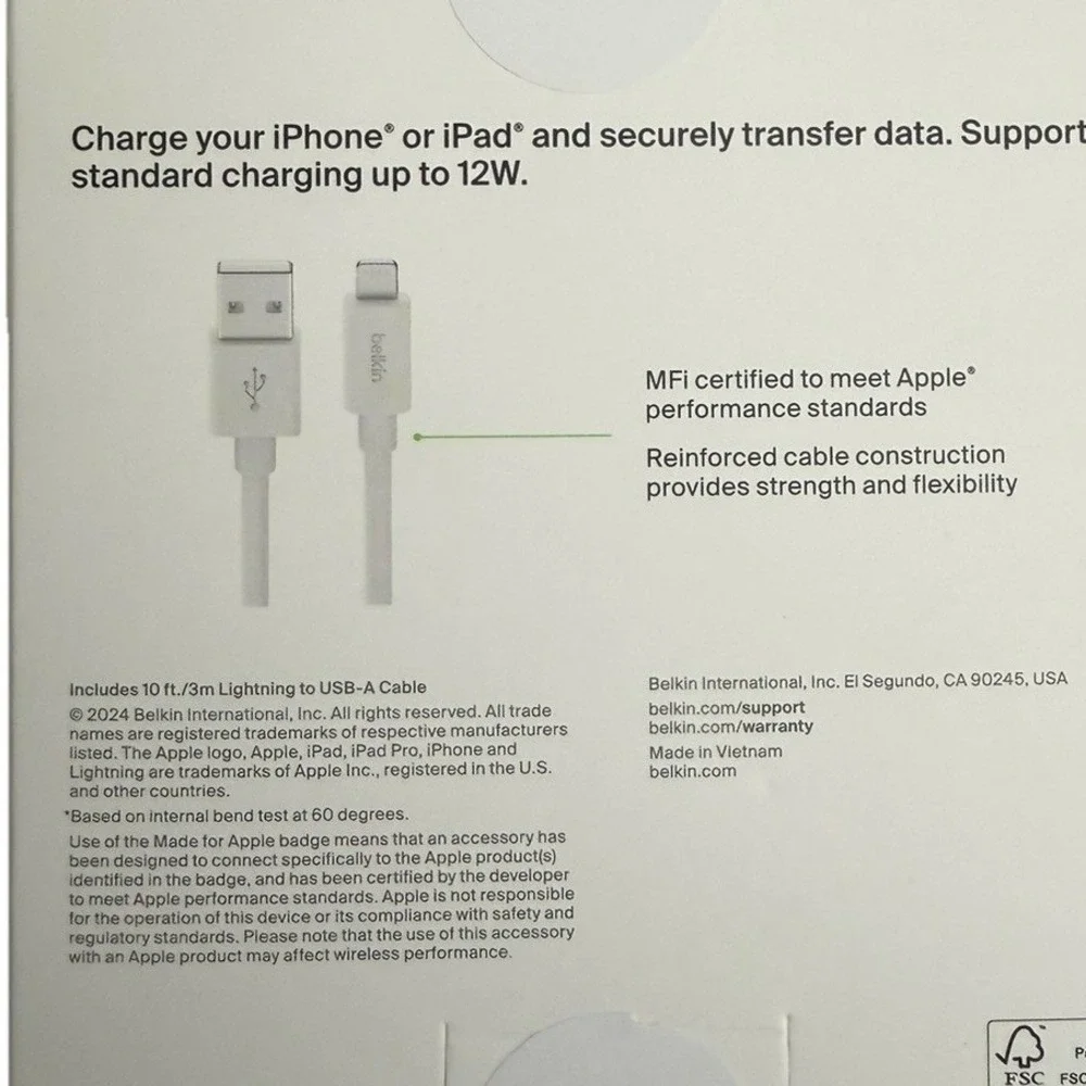 Belkin BOOST CHARGE MFi-Certified Lightning to USB-A‎ 3M/10ft Cable New